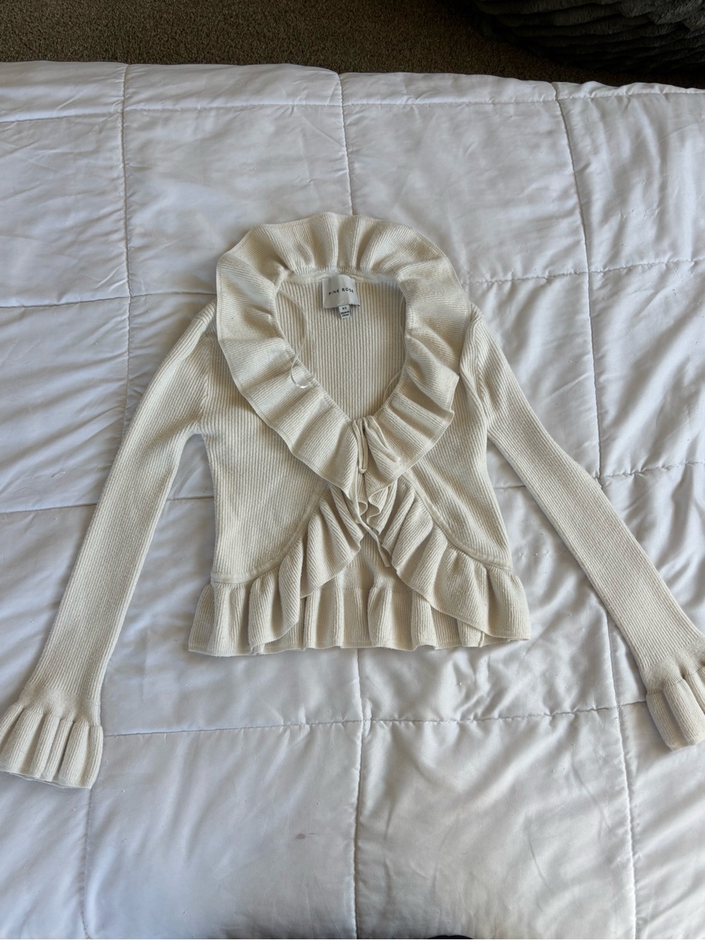 Pink Rose Cream Ruffle-Trim Knit Cardigan